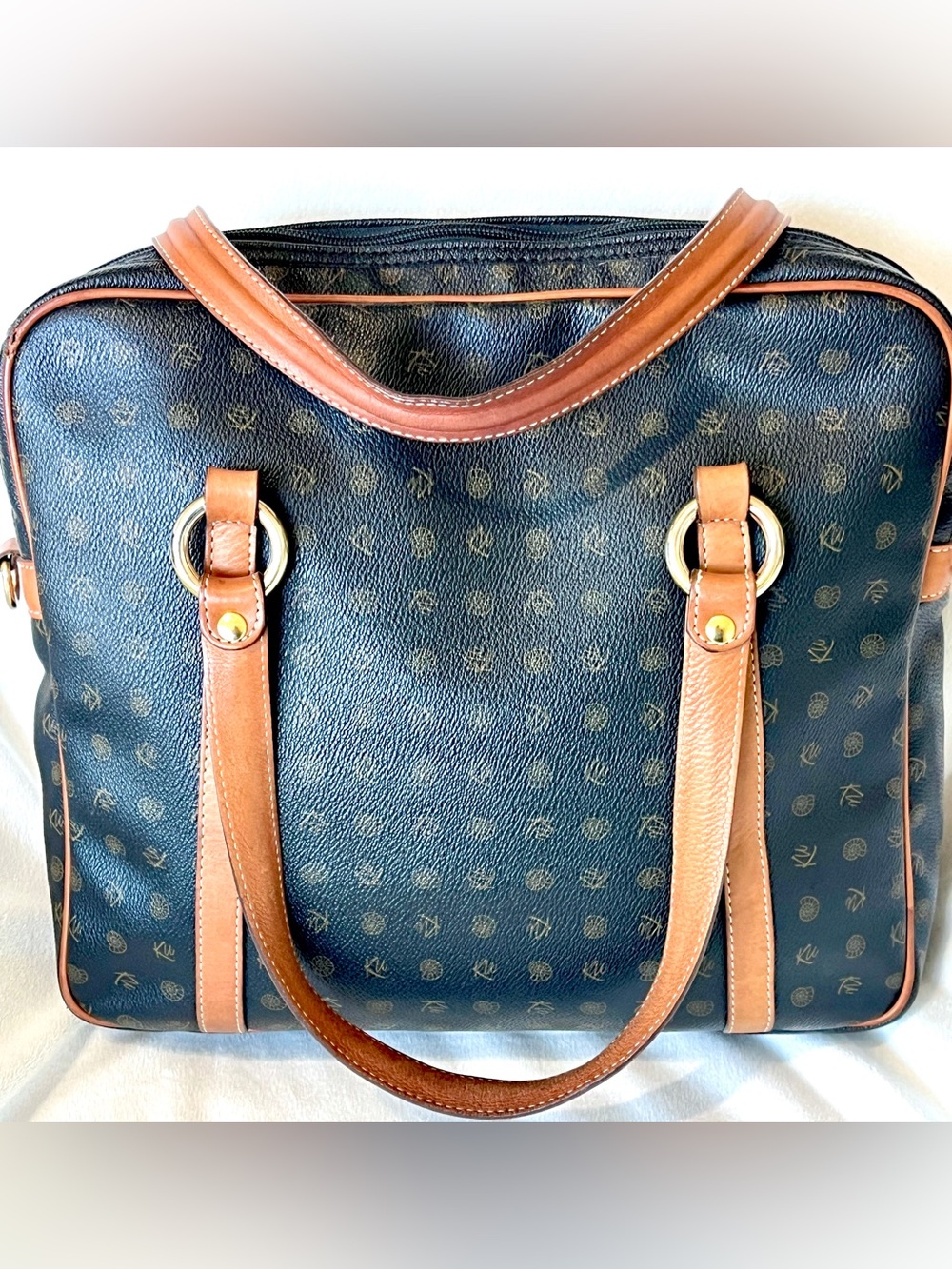 Vintage Kenzia By KU Italy Monogram Briefcase Tote Satchel Bag Black Tan Trim - Picture 2 of 8